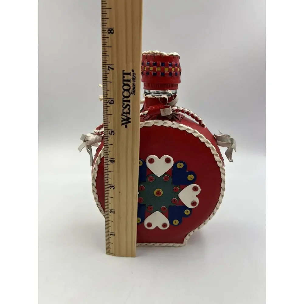 Vintage Leather‎ Braid Wrapped Covered Bottle/Decanter Hearts Red Folk Art